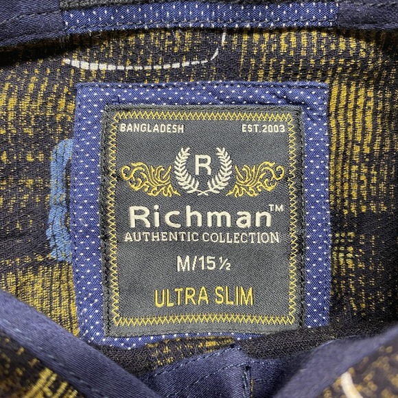 Richman Shirt Mens Medium Blue Yellow Ultra Slim Fit Long Sleeve Printed Modern - Picture 3 of 9